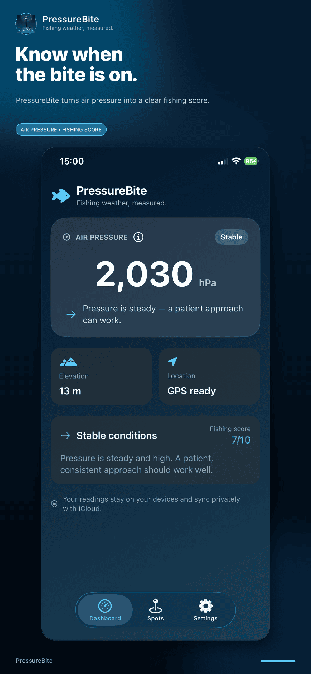 PressureBite screen 1: current pressure and weather