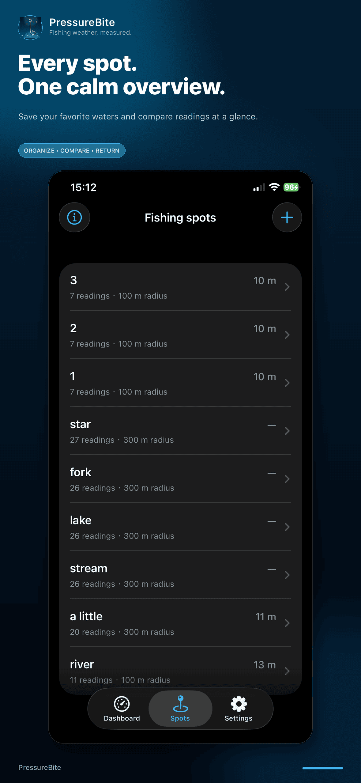 PressureBite screen 3: fishing suitability indicator