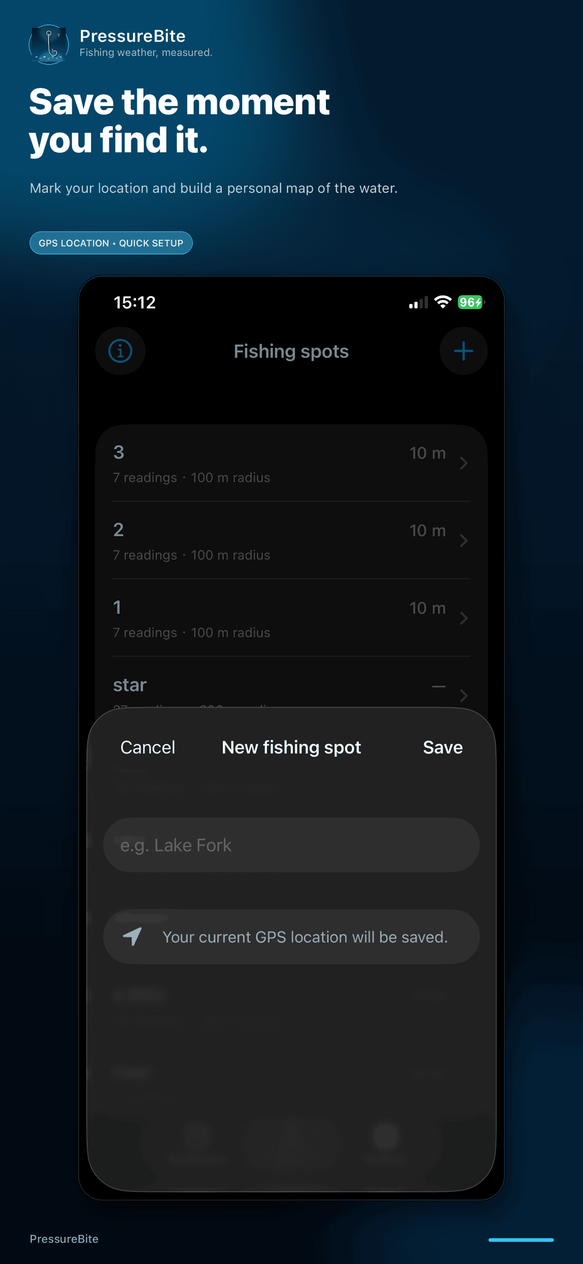 PressureBite screen 4: saved spots and quick switch