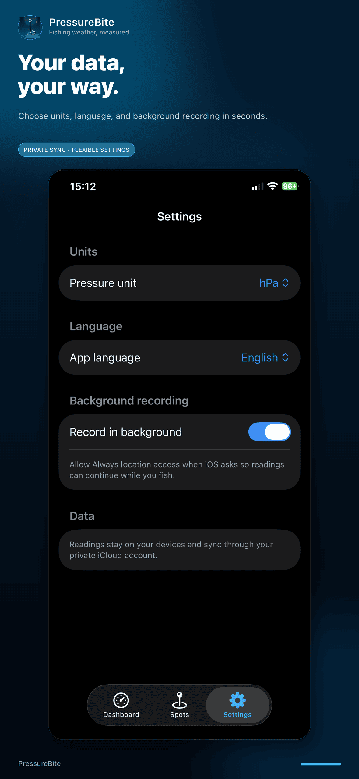 PressureBite screen 6: offline logs and optional alerts